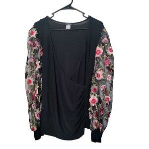 Venus Womens sz XL black embroidered long sleeves fold over stretch blouse